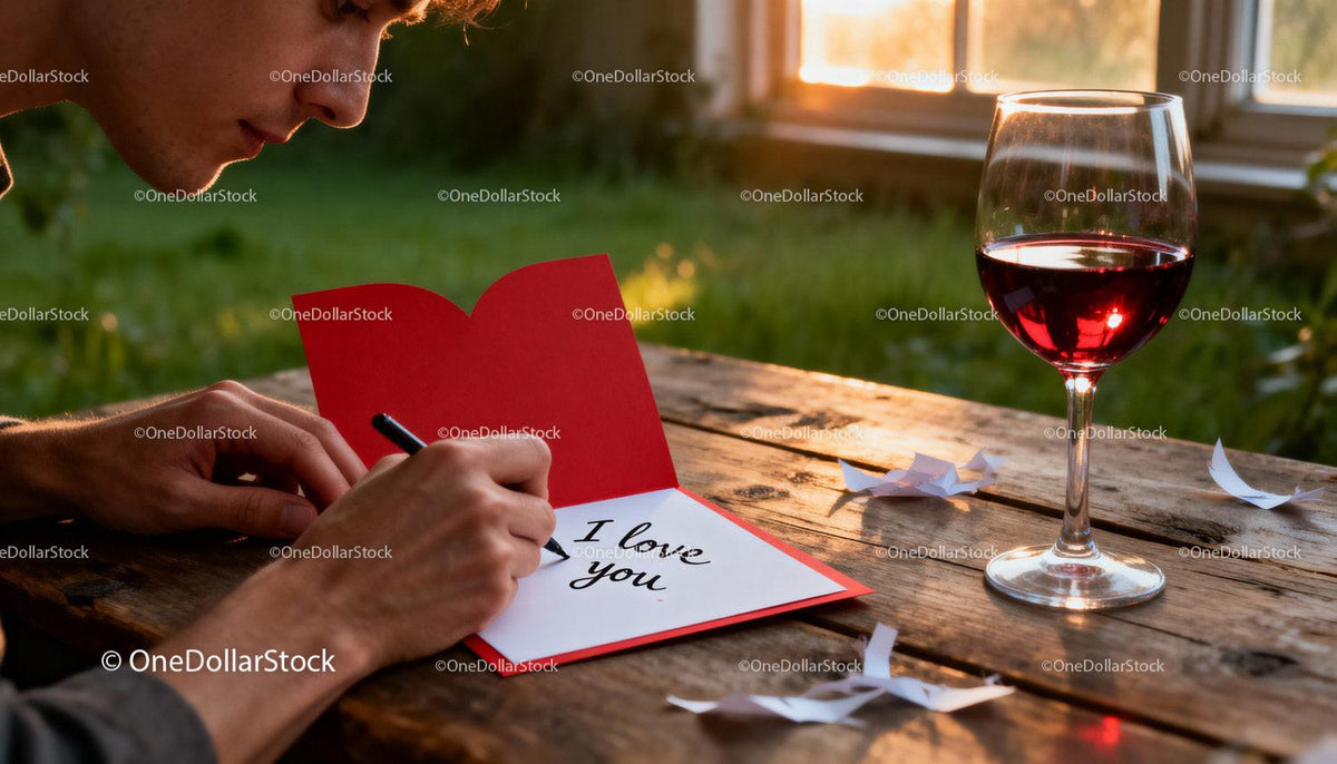 Man writing romantic love note by sunset with wine glass