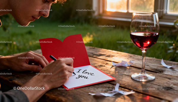 Man writing romantic love note by sunset with wine glass