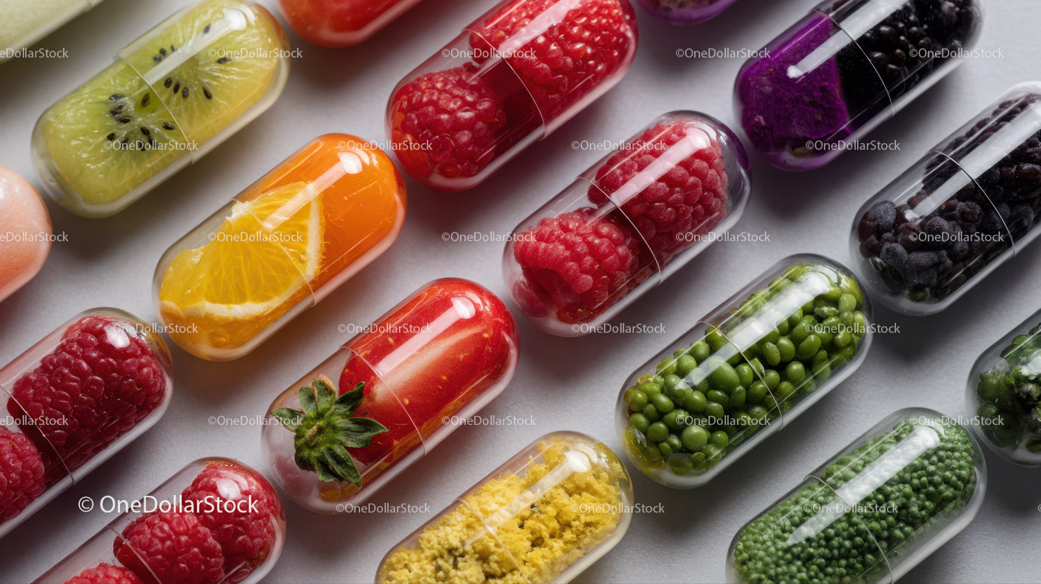 Variety of Berry and Fruit Capsules with Fresh Fruits