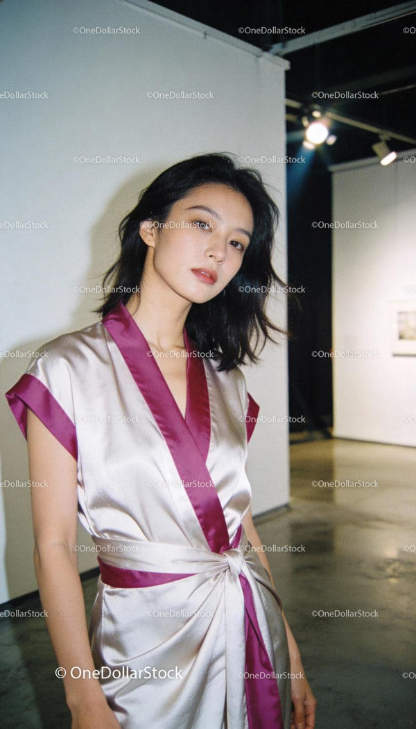 Elegant woman wearing satin dress posing in art gallery