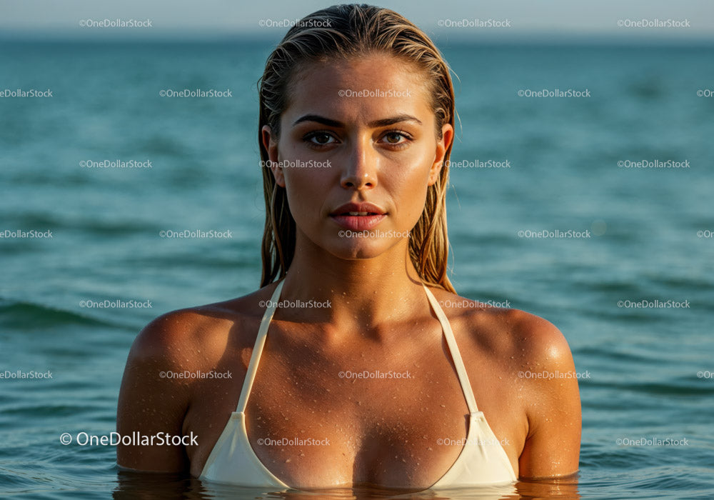 Atrakcyjna kobieta w białym bikini brodząca w czystej wodzie