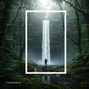 Hiker admiring waterfall in lush tropical forest