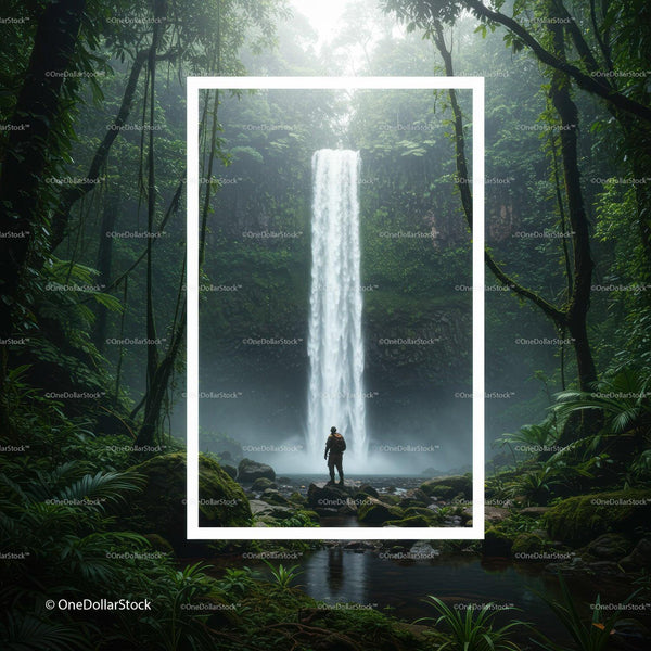 Hiker admiring waterfall in lush tropical forest JPG Mockup Image