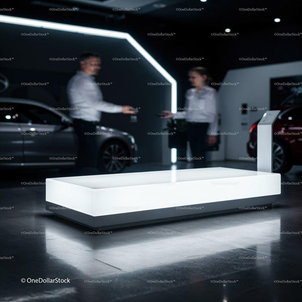 Modern Car Showroom with Illuminated Display Table JPG Mockup Image