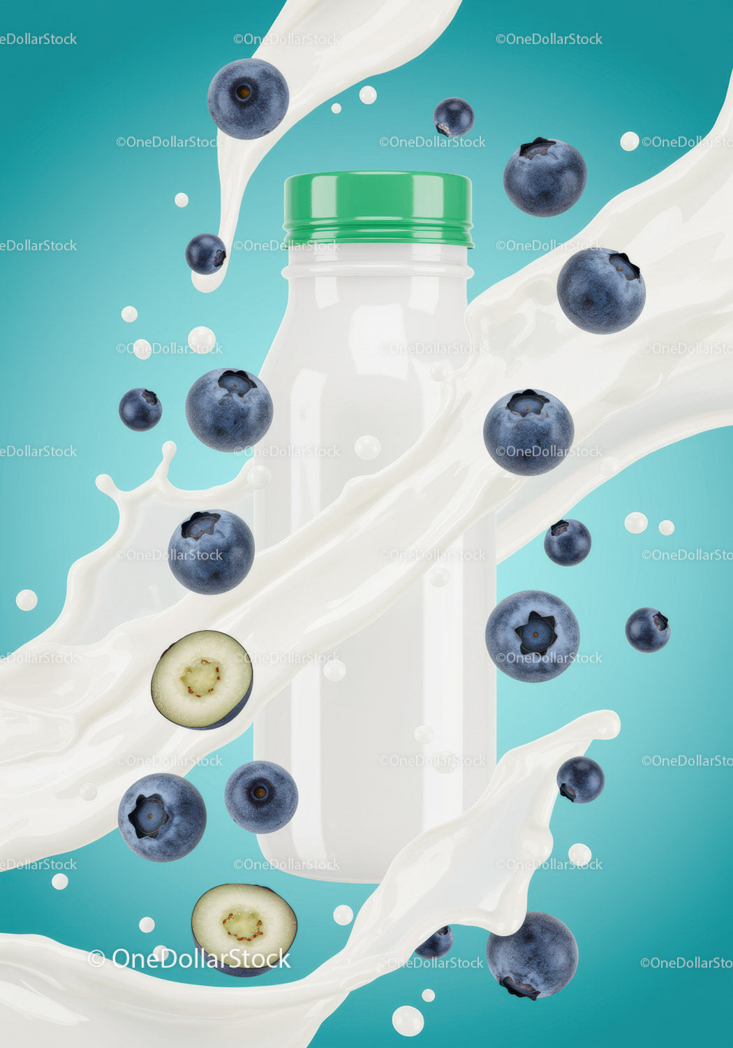 Blueberry splash around milk bottle with green cap