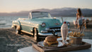 Vintage Classic Car with Beachside Food Scene at Sunset