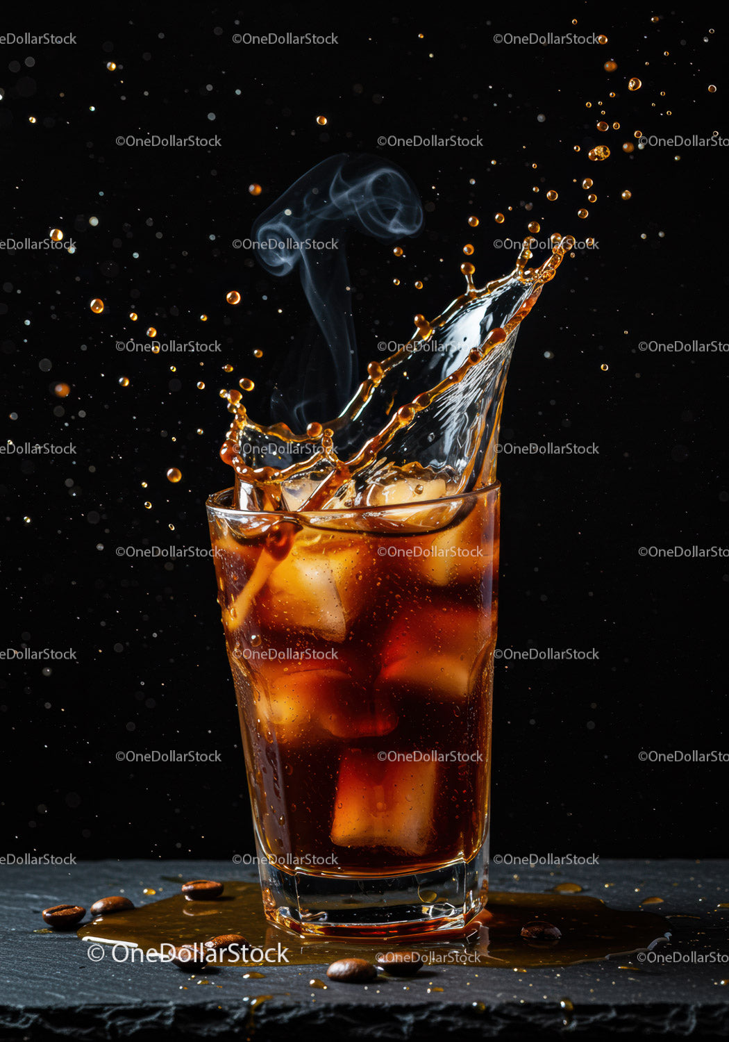 Refreshing iced coffee splash with coffee beans on black