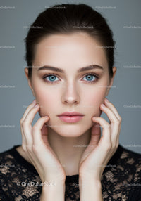 Elegant Portrait of a Young Woman with Blue Eyes and Black Lace Dress
