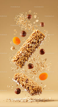 Crispy granola bars with nuts and dried apricots floating