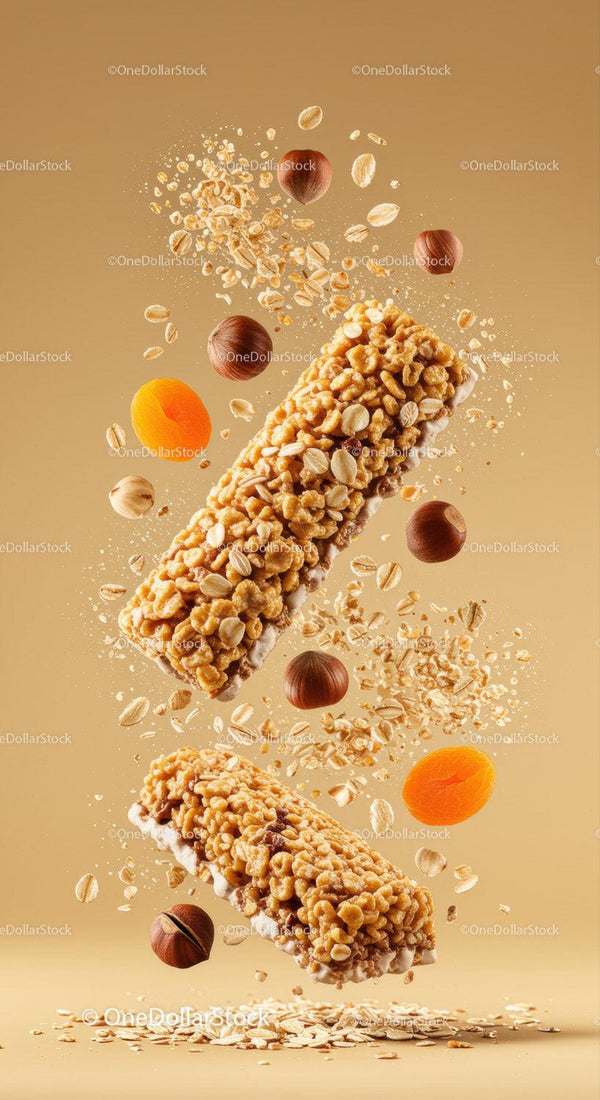 Crispy granola bars with nuts and dried apricots floating