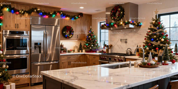 Modern Kitchen Decorated with Festive Christmas Lights