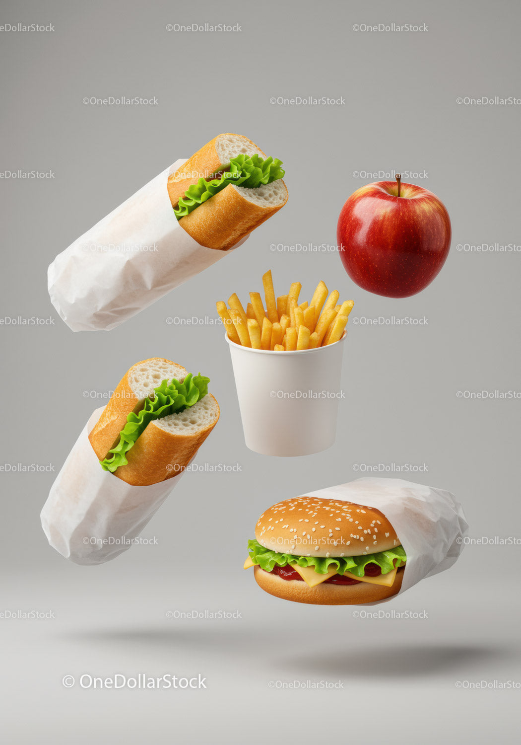 Fresh fast food items with apple on gray background