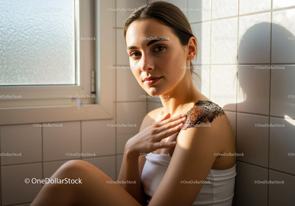 Young woman applying natural body scrub in sunlight