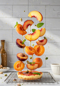 Fresh stone fruit falling onto mini cheesecake with honey drizzle