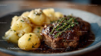 Gourmet Beef Steak with Mashed Potatoes and Herb Garnish