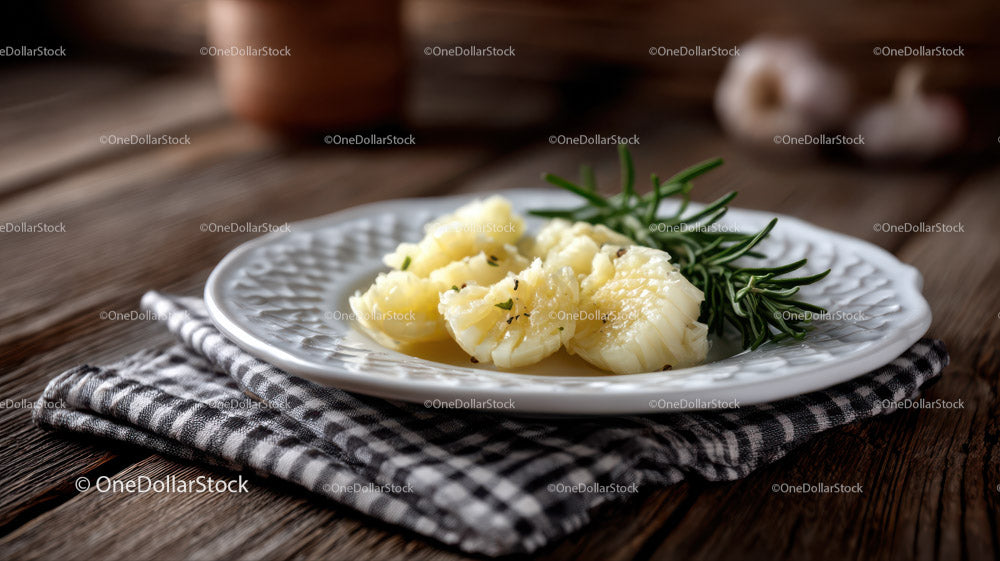 Creamy Mashed Potatoes with Fresh Rosemary on Rustic Wooden Table