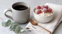 Rice Pudding with Raspberries and Coffee in Cozy Breakfast Setting