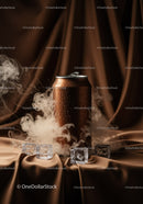 Cold brown can with ice cubes and mist on silky fabric