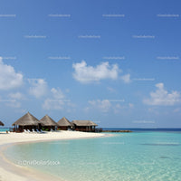 Tropical Beach with Overwater Bavilions and Clear Turquoise Water