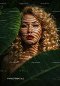 Glamorous Woman with Curly Blonde Hair Among Tropical Leaves