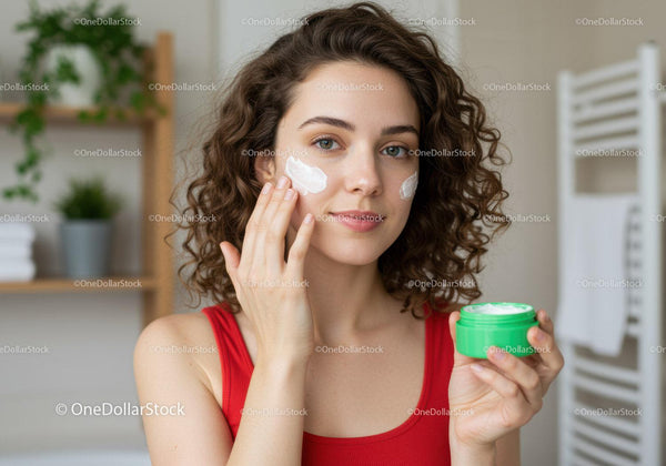 Young Woman Applying Face Cream for Skincare Routine with Natural Beauty Vibe