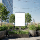 Blank billboard on urban rooftop garden with greenery