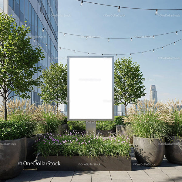 Blank billboard on urban rooftop garden with greenery JPG Mockup Image