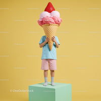 Child standing with oversized strawberry ice cream cone