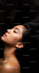 Portrait of peaceful woman with flowing dark hair