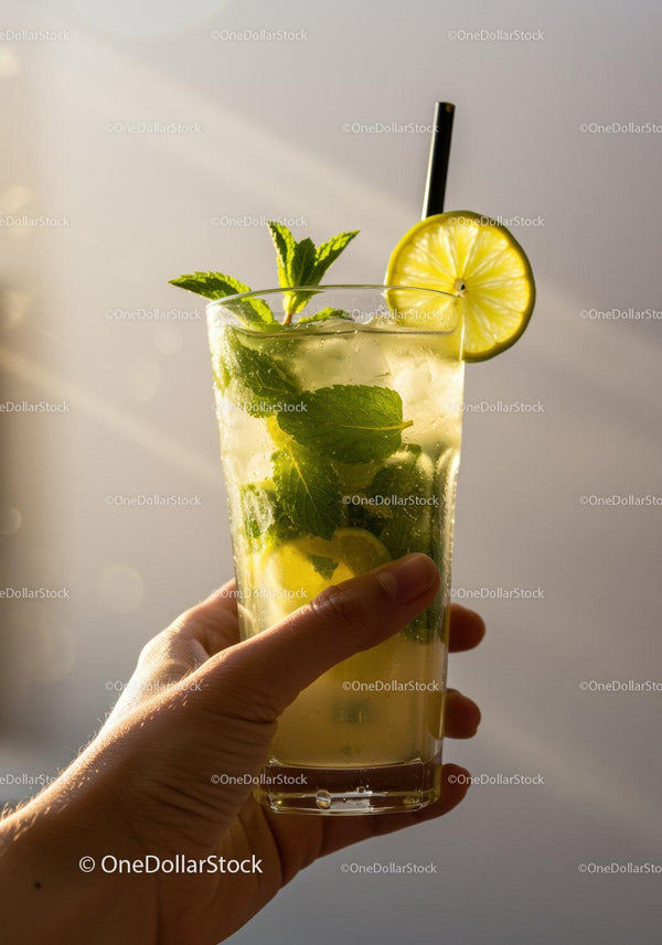 Refreshing mojito cocktail with lemon and mint leaves