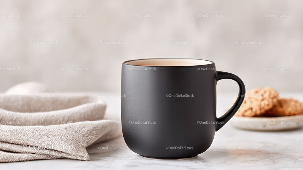 Black Ceramic Mug on a Minimalist White Marble Surface with Cookies