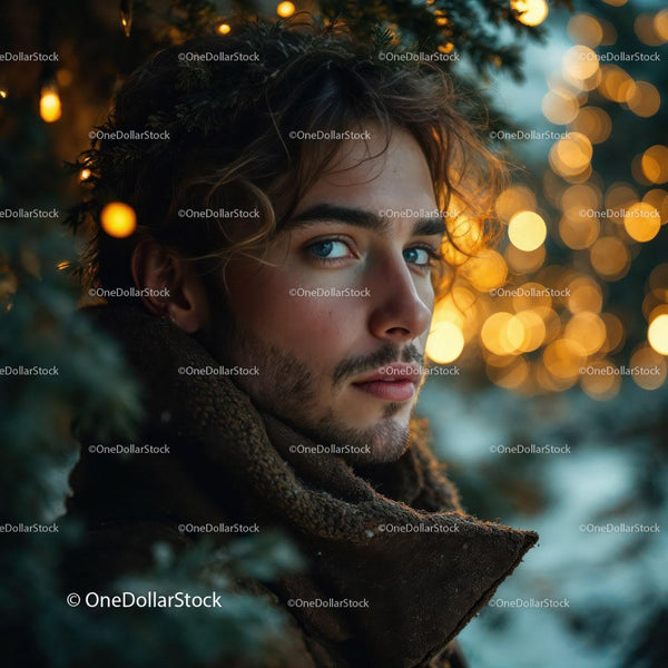 Young man with wreath in snowy winter forest