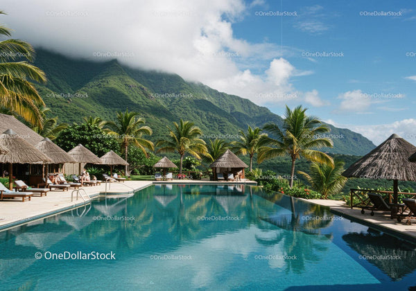 Tropical Mountain Resort with Infinity Pool and Palm Trees