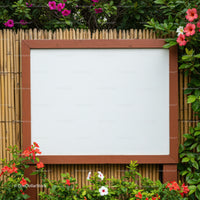 Empty Wooden Frame Surrounded by Colorful Garden Flowers