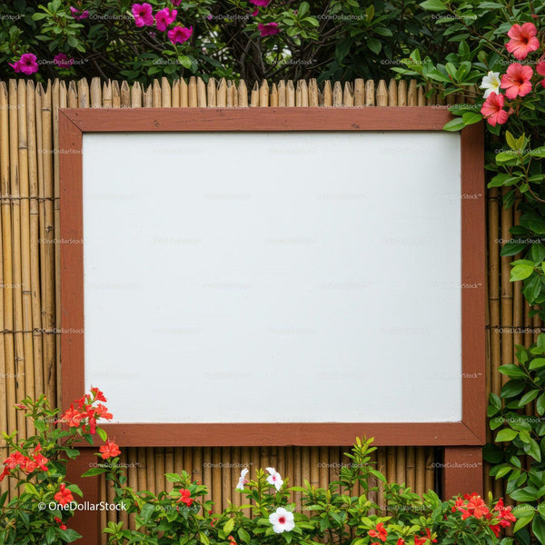 Empty Wooden Frame Surrounded by Colorful Garden Flowers JPG Mockup Image