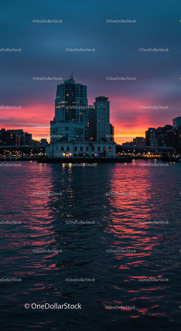 City skyline with vibrant sunset reflecting on water