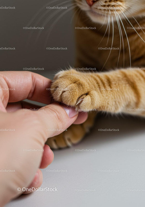 Ginger Cat Paw Touching Human Finger Close Up