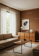 Elegant Modern Living Room with Beige Sofa and Wooden Cabinet