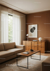 Elegant Modern Living Room with Beige Sofa and Wooden Cabinet