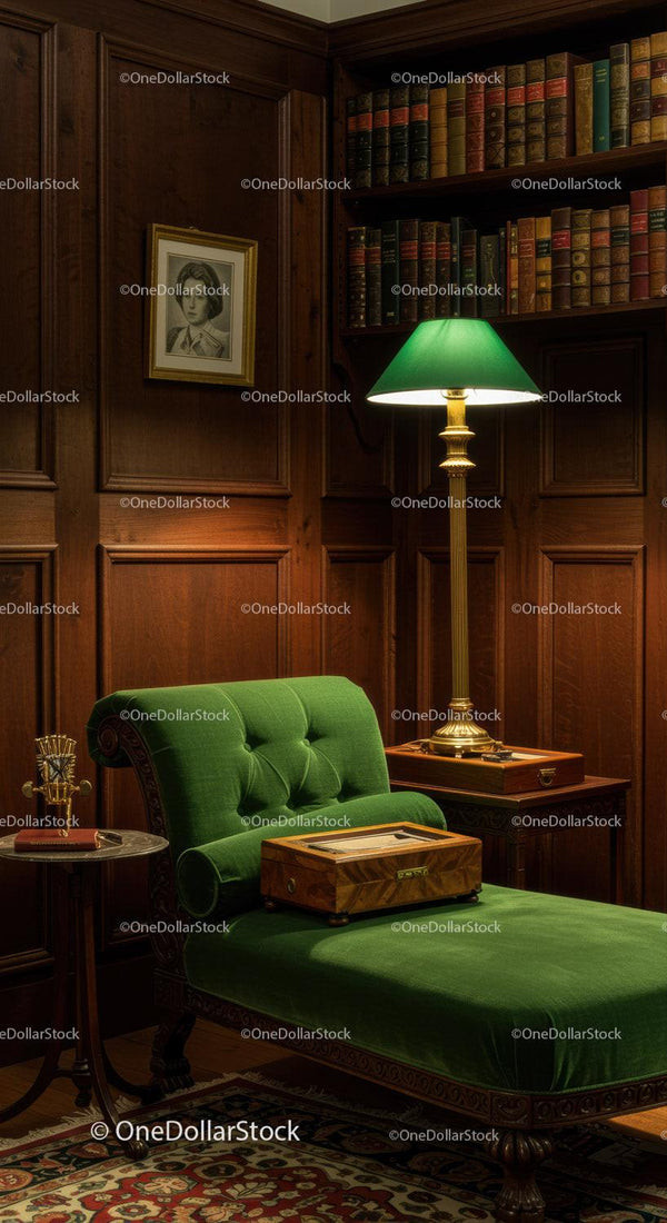 Cozy vintage library corner with green chaise lounge