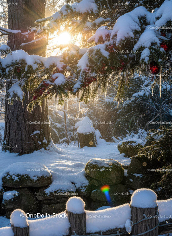 Snowy forest scene with sunlight filtering through pine branches