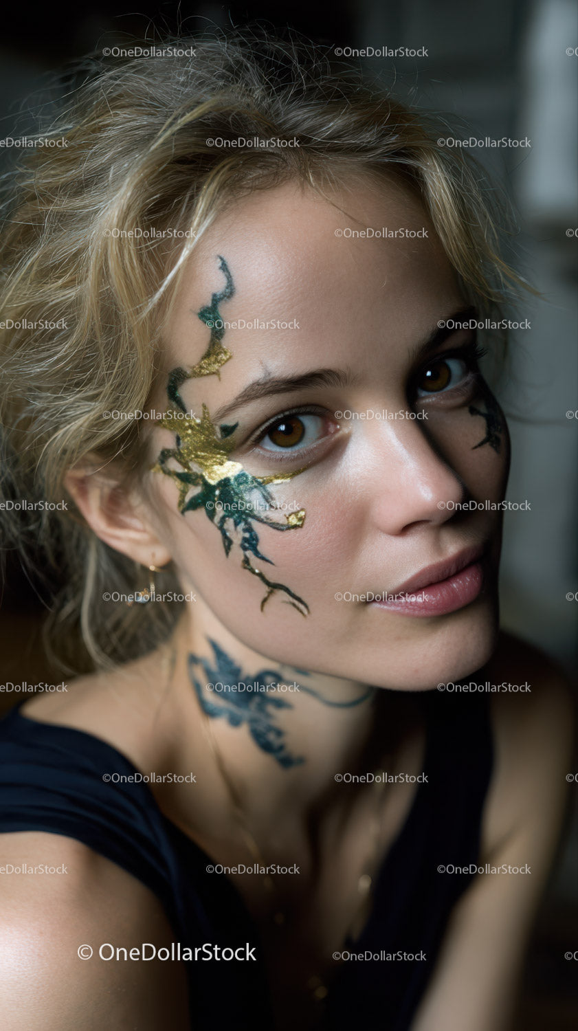 Close-Up of Woman with Face and Neck Tattoos and Artistic Makeup