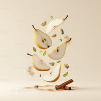 Sliced Pears with Pistachios and Cinnamon Sticks Floating