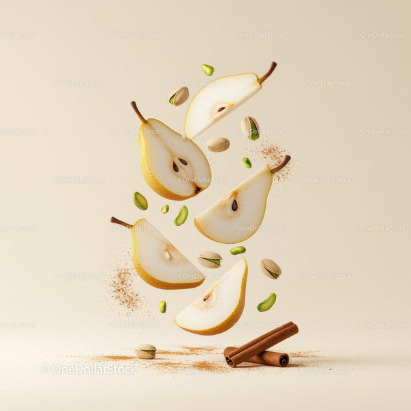 Sliced Pears with Pistachios and Cinnamon Sticks Floating