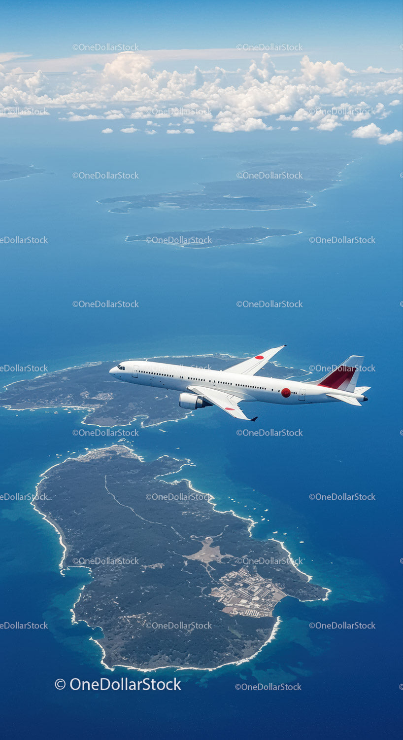Passenger Jet Flying Over Beautiful Islands and Blue Ocean