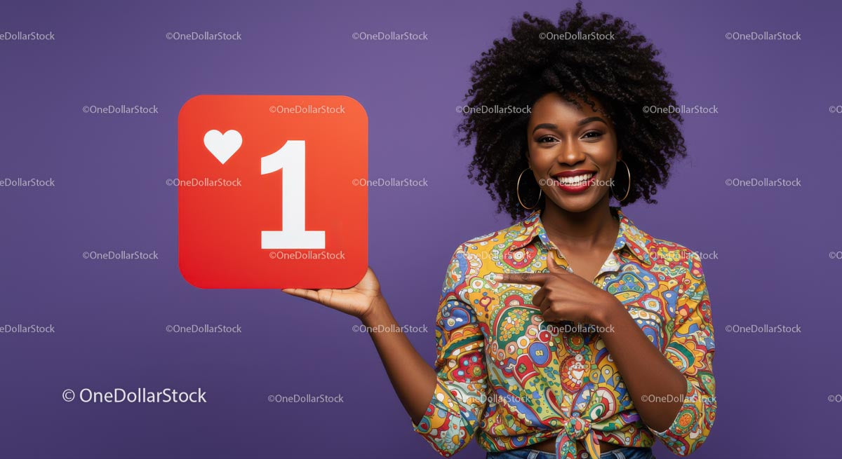 Happy Young Woman Holding Social Media Icon in Colorful Outfit