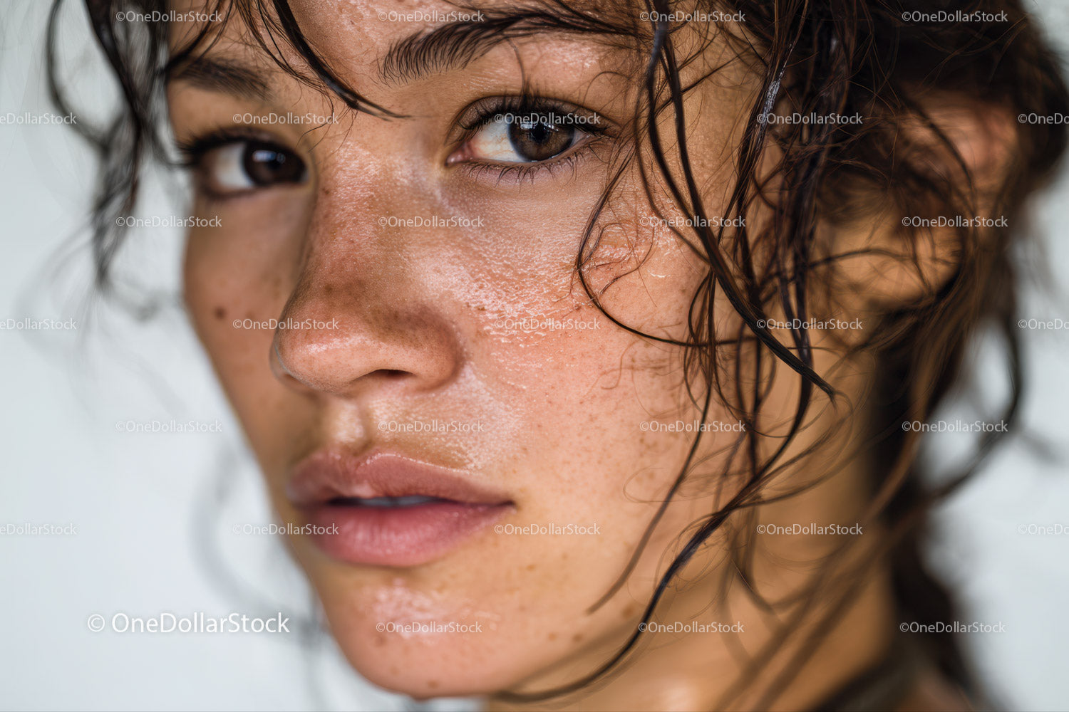 Close-up of a woman with freckles and wet hair showing natural beauty