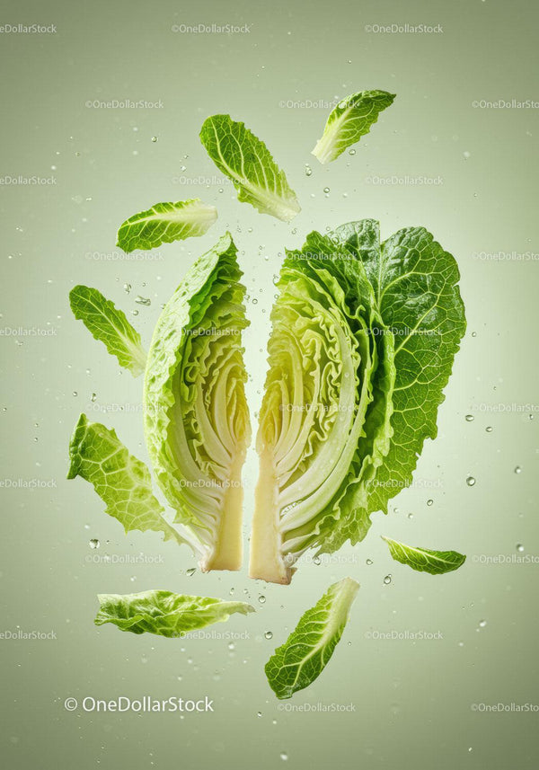 Fresh romaine lettuce halves with scattered leaves