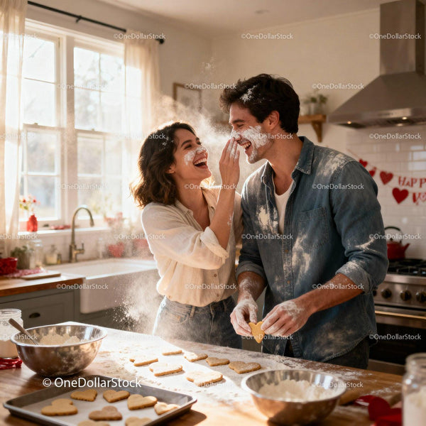 Couple Playfully Baking Heart Cookies in Sunny Kitchen