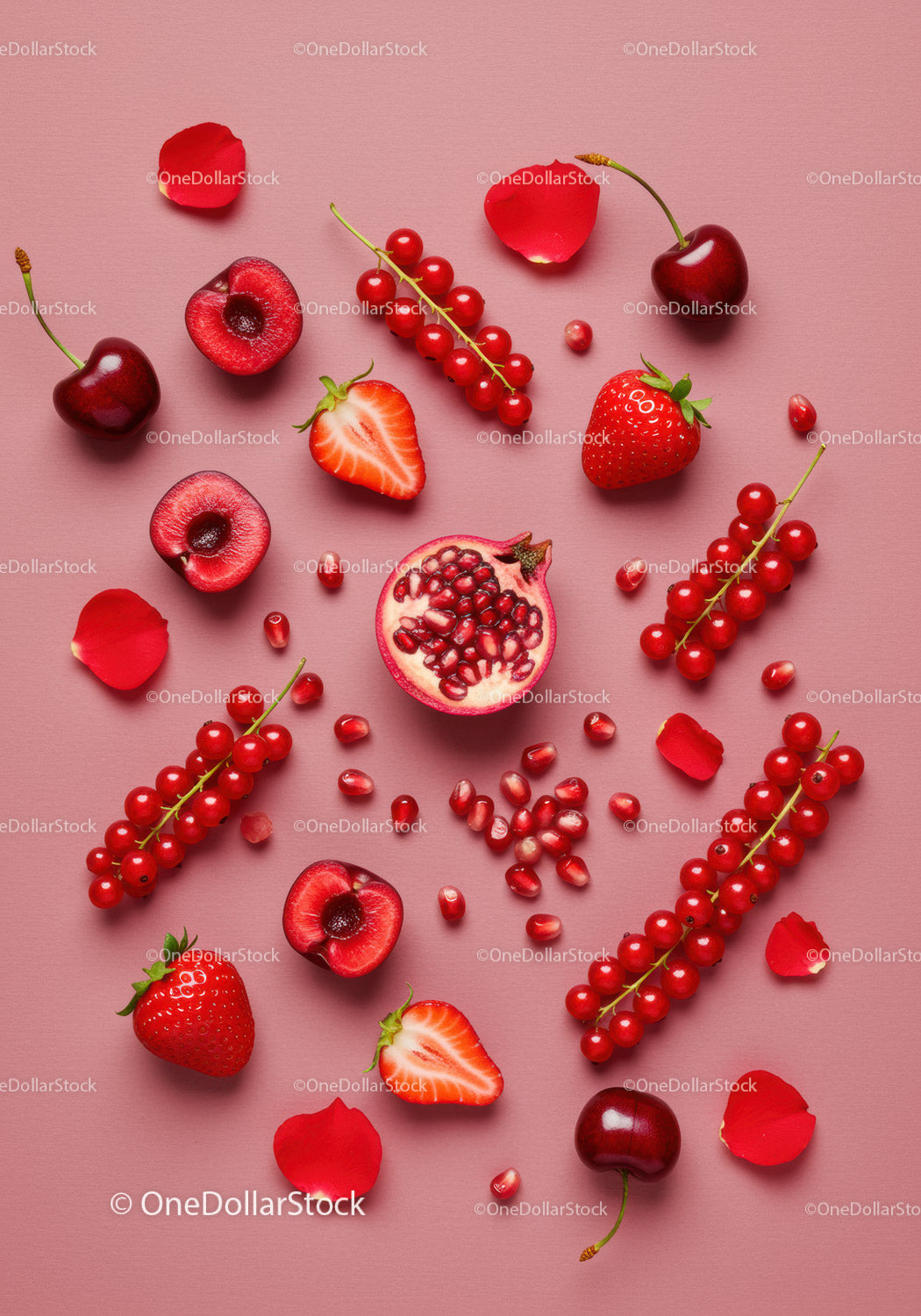 Assorted fresh red berries and fruit on pink background
